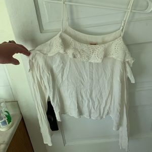 White Open Shoulder Long Sleeve Top with Lace Trim